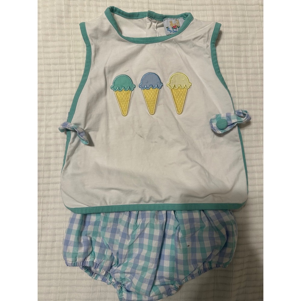Busy Bees Smocks Ice Cream Applique Top and Gingham Bloomers Set 18M